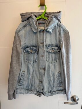 Eightytwo Distressed Ripped Denim Hooded Layered Jean Jacket S